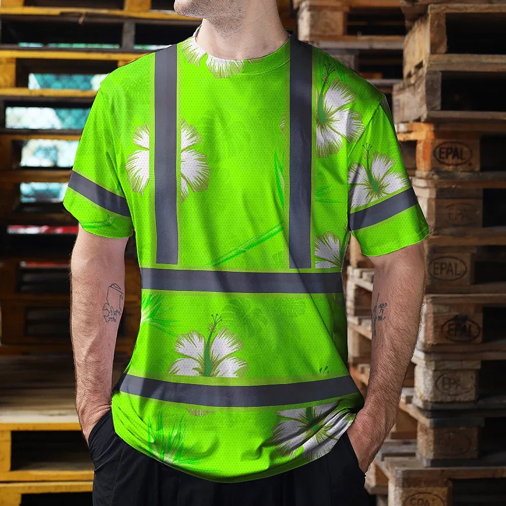 Hi Vis Shirt Reflective Tapes Green Neon Custom Name Safety Workwear For Workers, Truckers, Operators