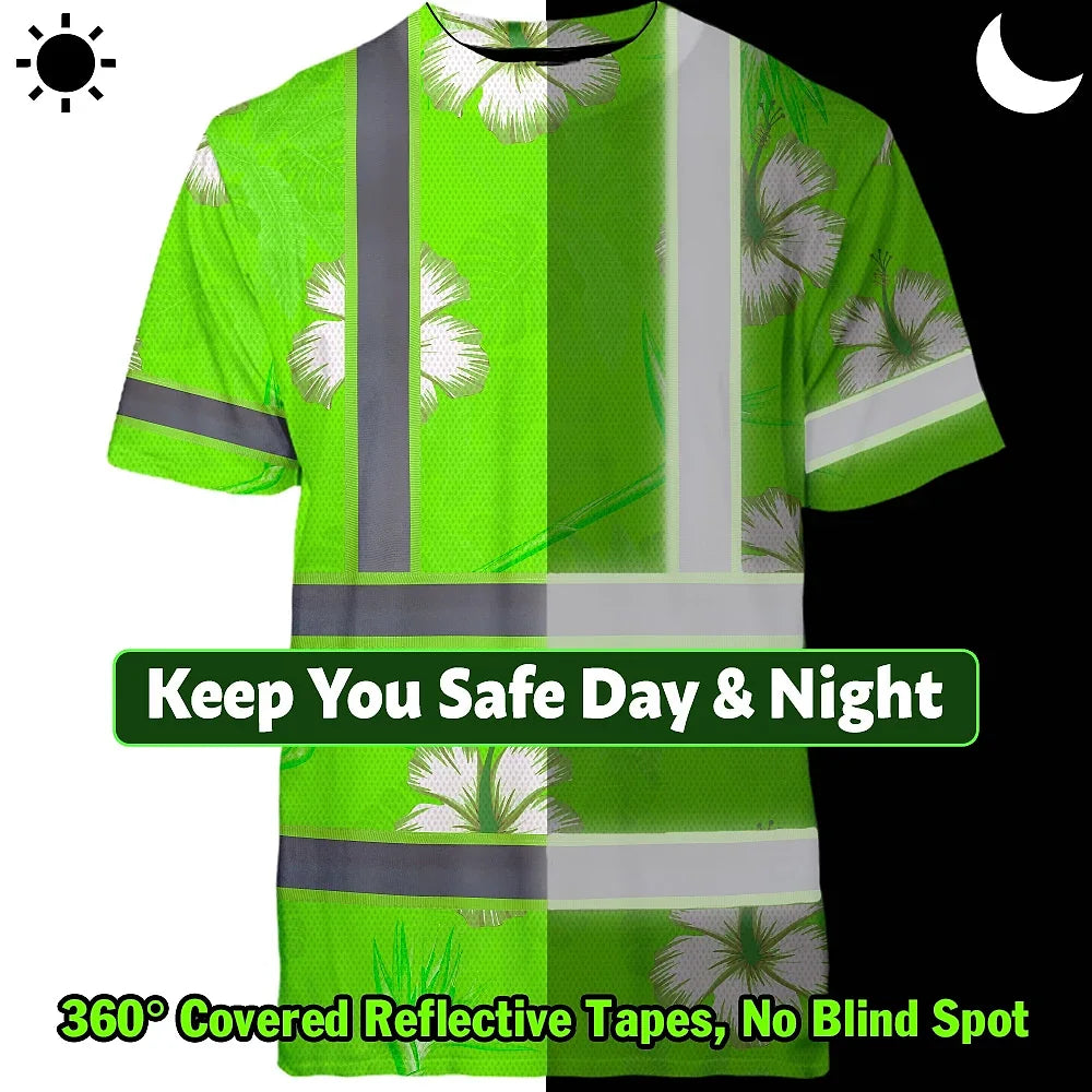 Hi Vis Shirt Reflective Tapes Green Neon Custom Name Safety Workwear For Workers, Truckers, Operators