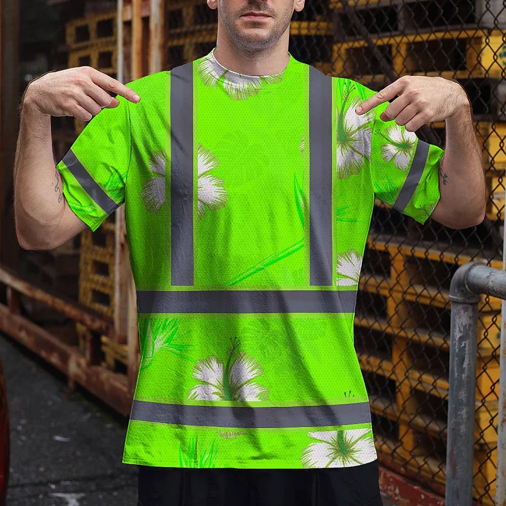 Hi Vis Shirt Reflective Tapes Green Neon Custom Name Safety Workwear For Workers, Truckers, Operators