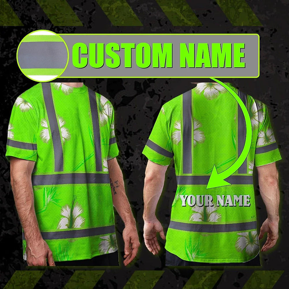 Hi Vis Shirt Reflective Tapes Green Neon Custom Name Safety Workwear For Workers, Truckers, Operators