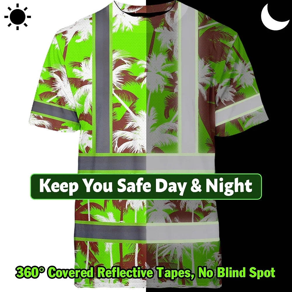 Hi Vis Shirt Reflective Tapes Green Neon Flowers Custom Name Safety Workwear For Workers, Truckers, Operators