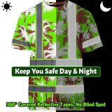 Hi Vis Shirt Reflective Tapes Green Neon Flowers Custom Name Safety Workwear For Workers, Truckers, Operators
