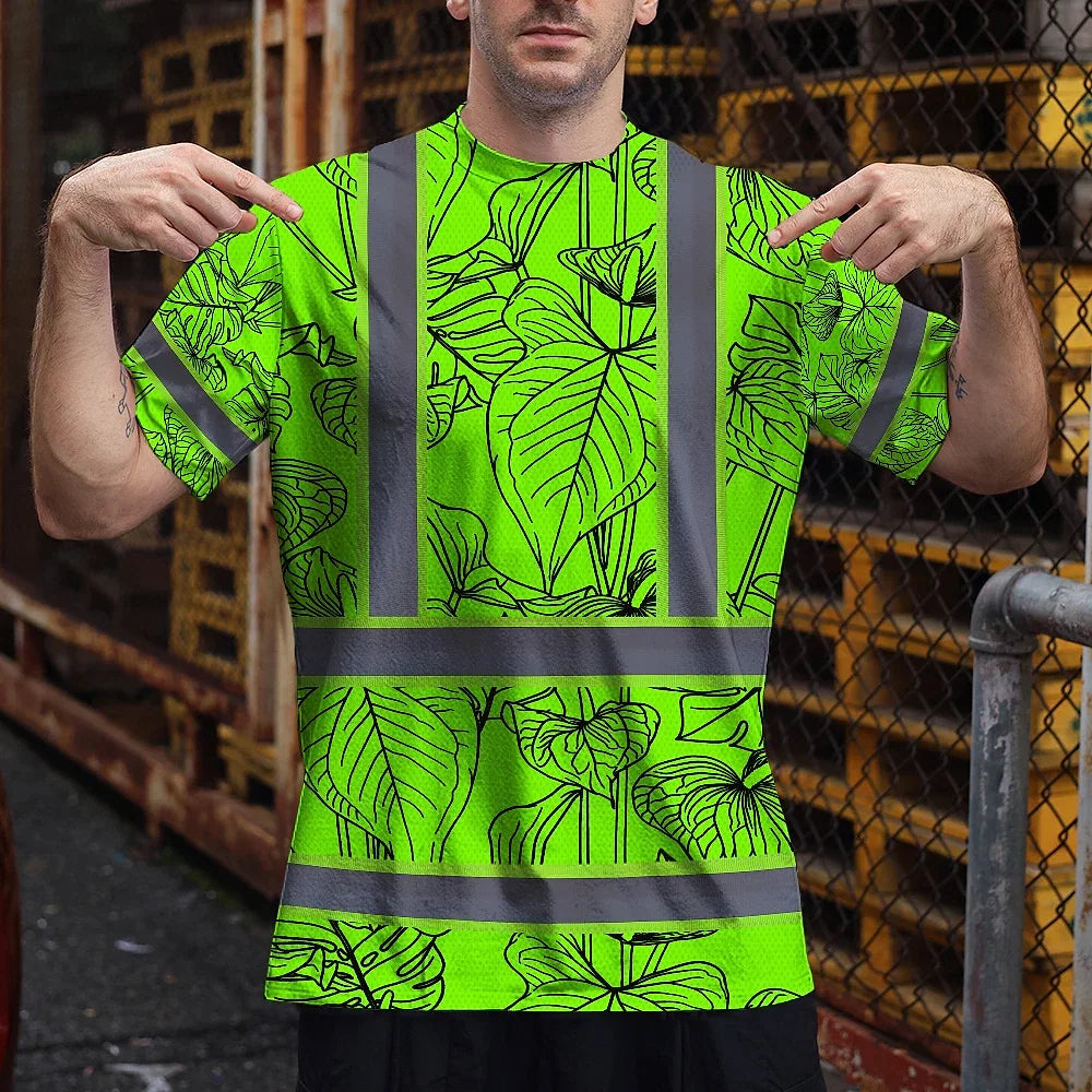 Hi Vis Shirt Reflective Tapes Green Neon Flowers Custom Name Safety Workwear For Workers, Truckers, Operators