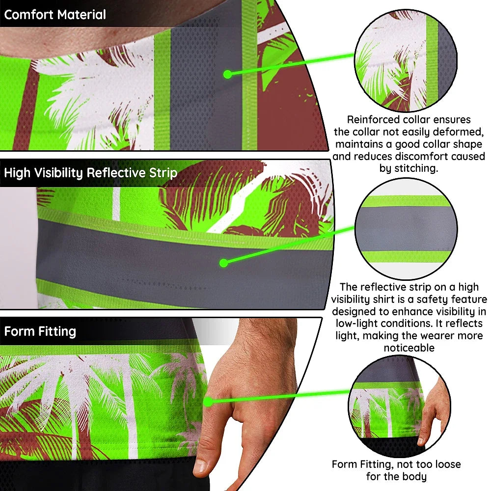 Hi Vis Shirt Reflective Tapes Green Neon Flowers Custom Name Safety Workwear For Workers, Truckers, Operators