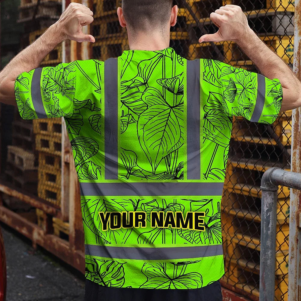 Hi Vis Shirt Reflective Tapes Green Neon Flowers Custom Name Safety Workwear For Workers, Truckers, Operators
