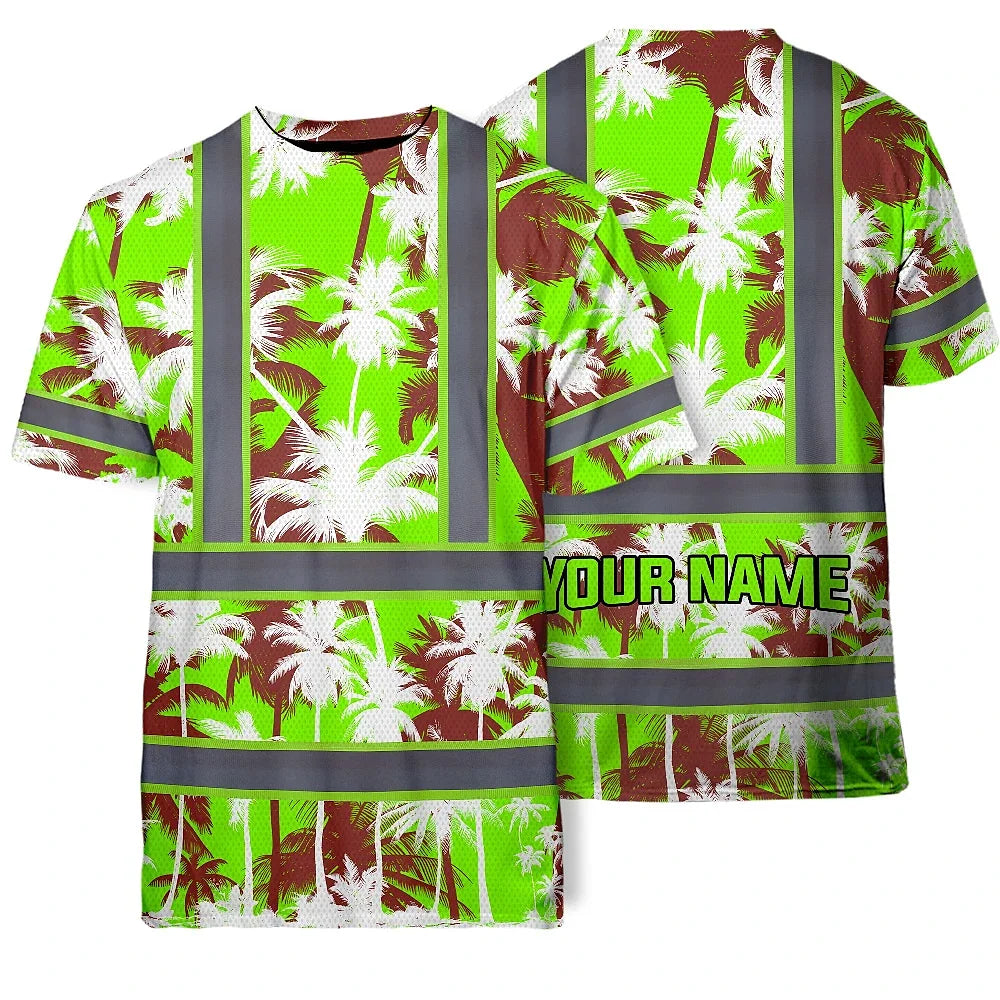 Hi Vis Shirt Reflective Tapes Green Neon Flowers Custom Name Safety Workwear For Workers, Truckers, Operators