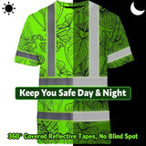 Hi Vis Shirt Reflective Tapes Green Neon Flowers Custom Name Safety Workwear For Workers, Truckers, Operators