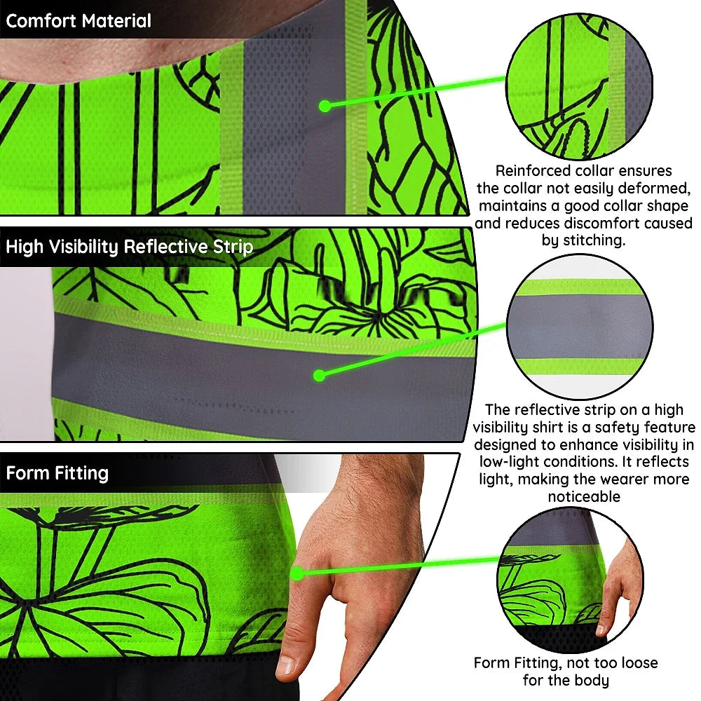 Hi Vis Shirt Reflective Tapes Green Neon Flowers Custom Name Safety Workwear For Workers, Truckers, Operators