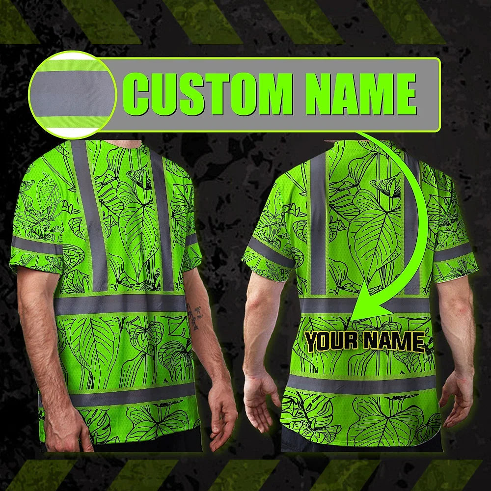 Hi Vis Shirt Reflective Tapes Green Neon Flowers Custom Name Safety Workwear For Workers, Truckers, Operators