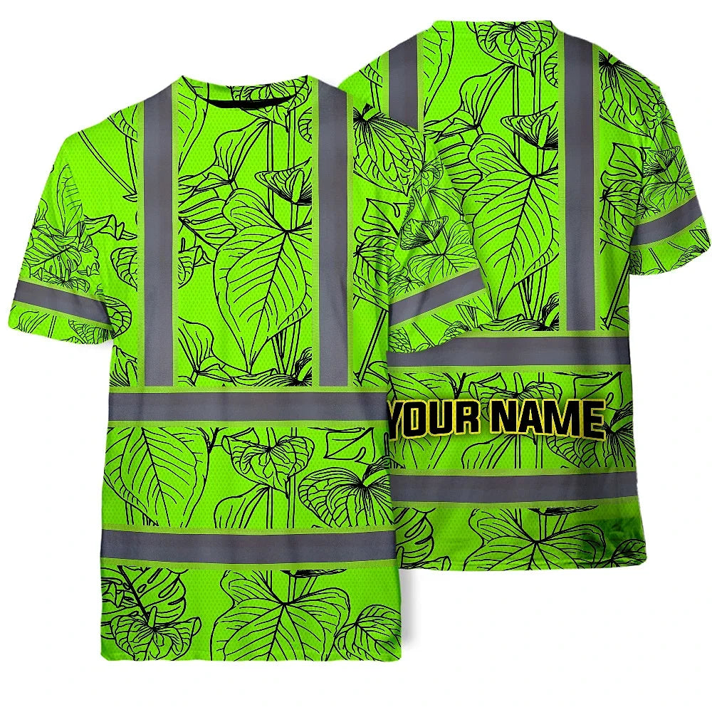 Hi Vis Shirt Reflective Tapes Green Neon Flowers Custom Name Safety Workwear For Workers, Truckers, Operators