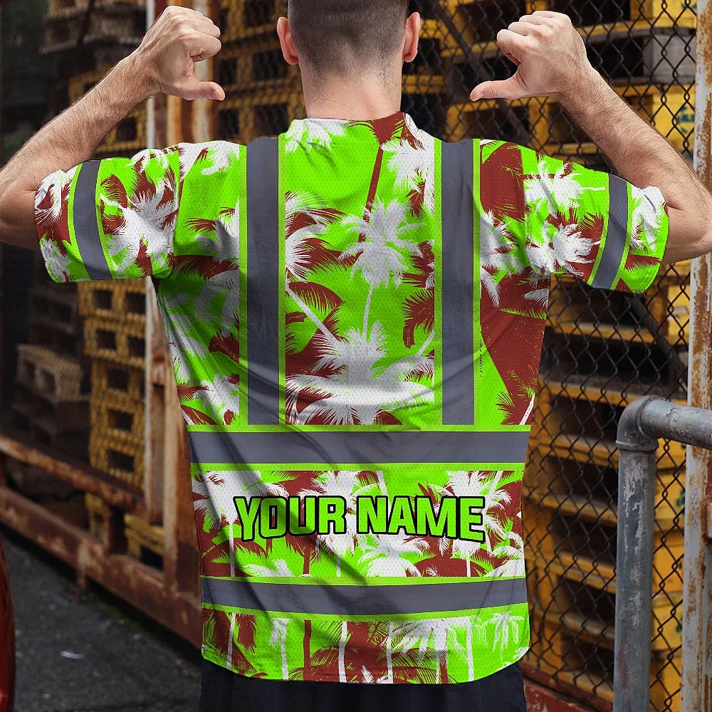 Hi Vis Shirt Reflective Tapes Green Neon Flowers Custom Name Safety Workwear For Workers, Truckers, Operators