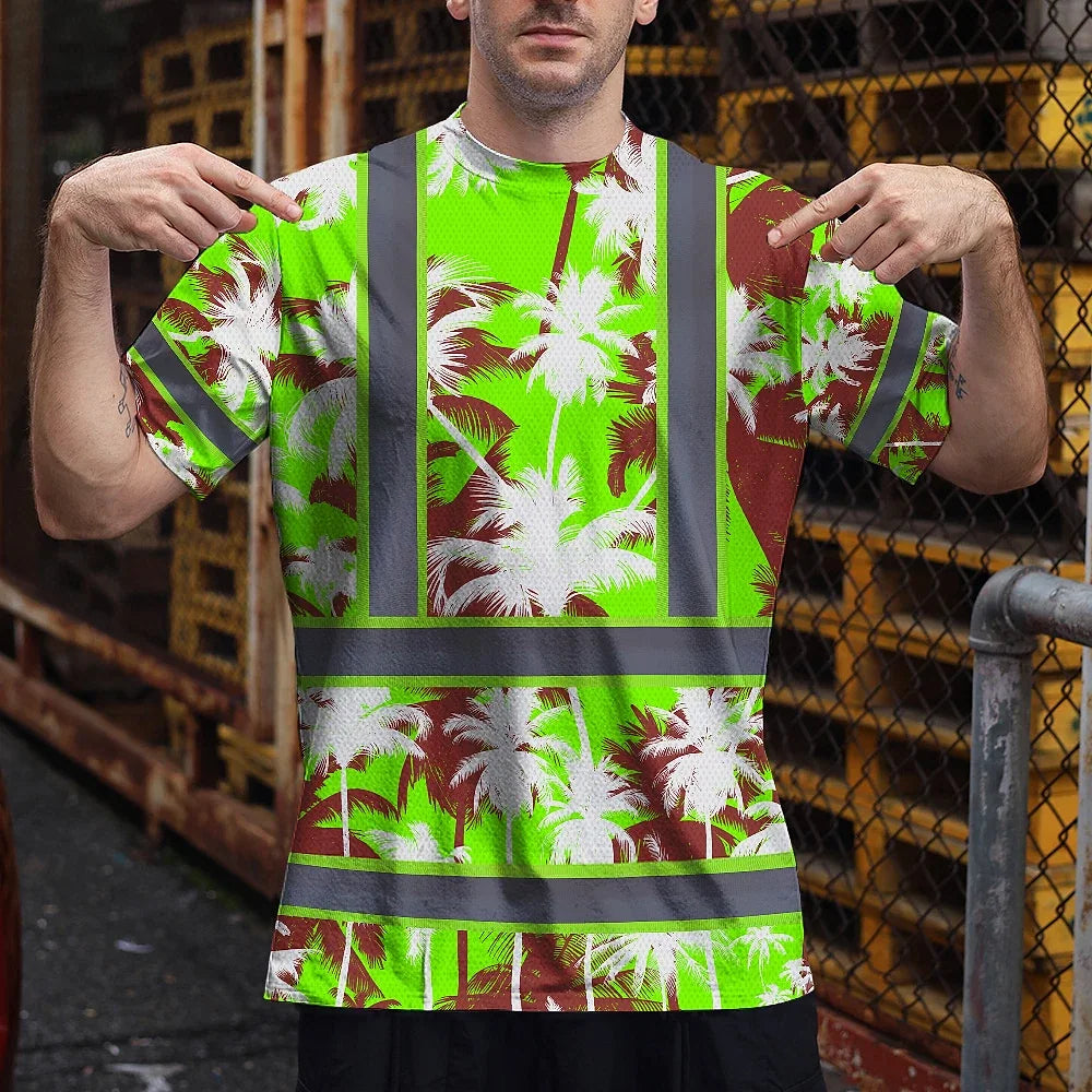 Hi Vis Shirt Reflective Tapes Green Neon Flowers Custom Name Safety Workwear For Workers, Truckers, Operators