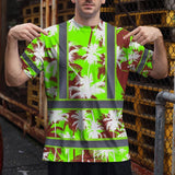 Hi Vis Shirt Reflective Tapes Green Neon Flowers Custom Name Safety Workwear For Workers, Truckers, Operators