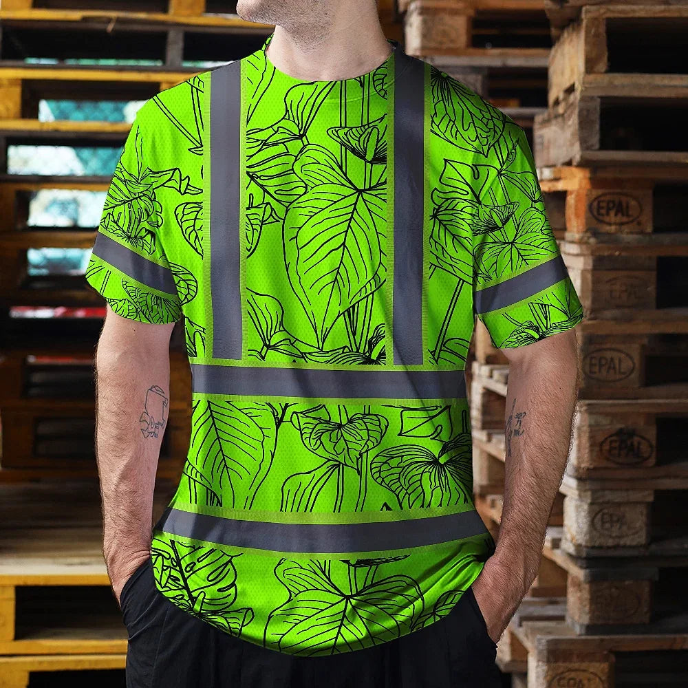 Hi Vis Shirt Reflective Tapes Green Neon Flowers Custom Name Safety Workwear For Workers, Truckers, Operators