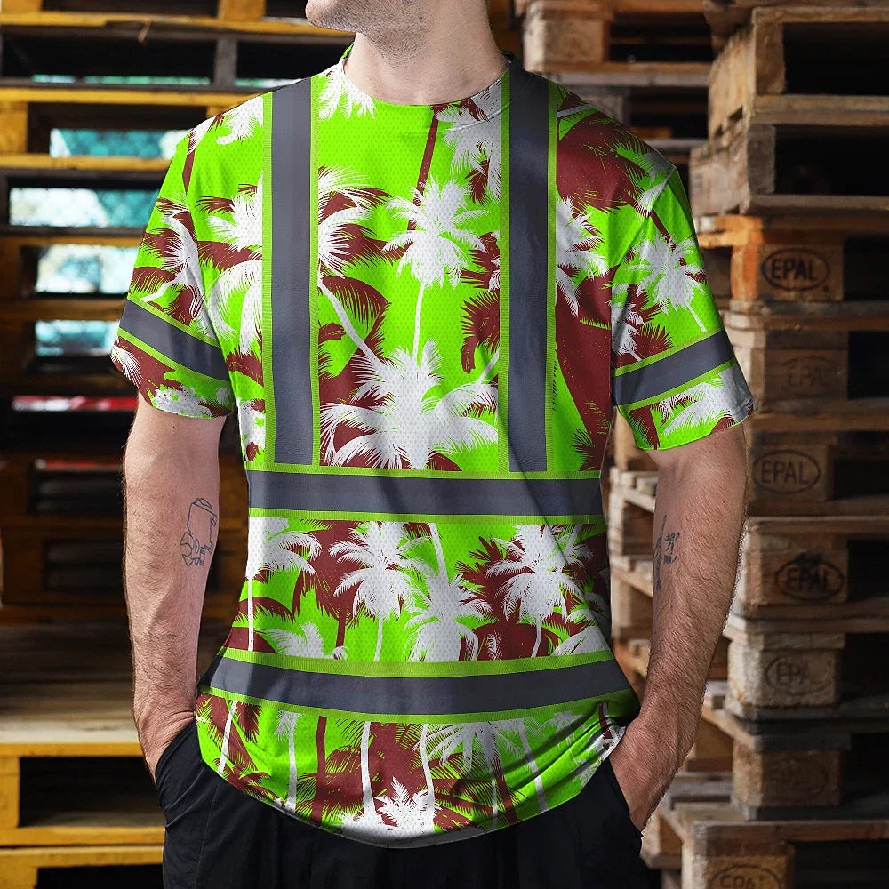 Hi Vis Shirt Reflective Tapes Green Neon Flowers Custom Name Safety Workwear For Workers, Truckers, Operators