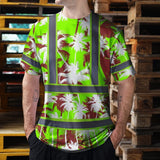Hi Vis Shirt Reflective Tapes Green Neon Flowers Custom Name Safety Workwear For Workers, Truckers, Operators
