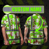 Hi Vis Shirt Reflective Tapes Green Neon Flowers Custom Name Safety Workwear For Workers, Truckers, Operators