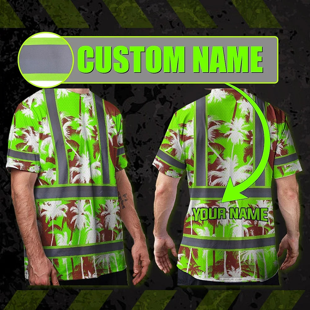 Hi Vis Shirt Reflective Tapes Green Neon Flowers Custom Name Safety Workwear For Workers, Truckers, Operators