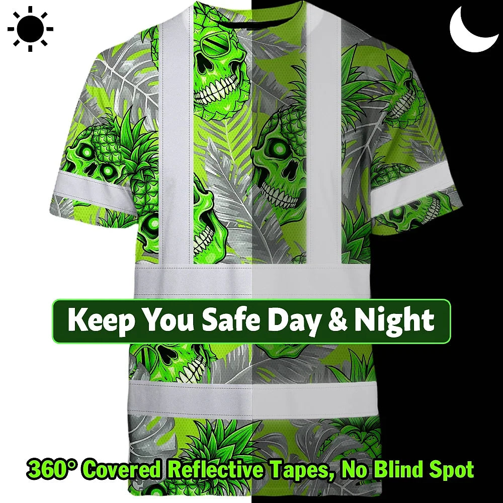 Hi Vis Shirt Reflective Tapes Green Neon Grey Skull Pineapple Custom Name Safety Workwear For Workers, Truckers, Operators