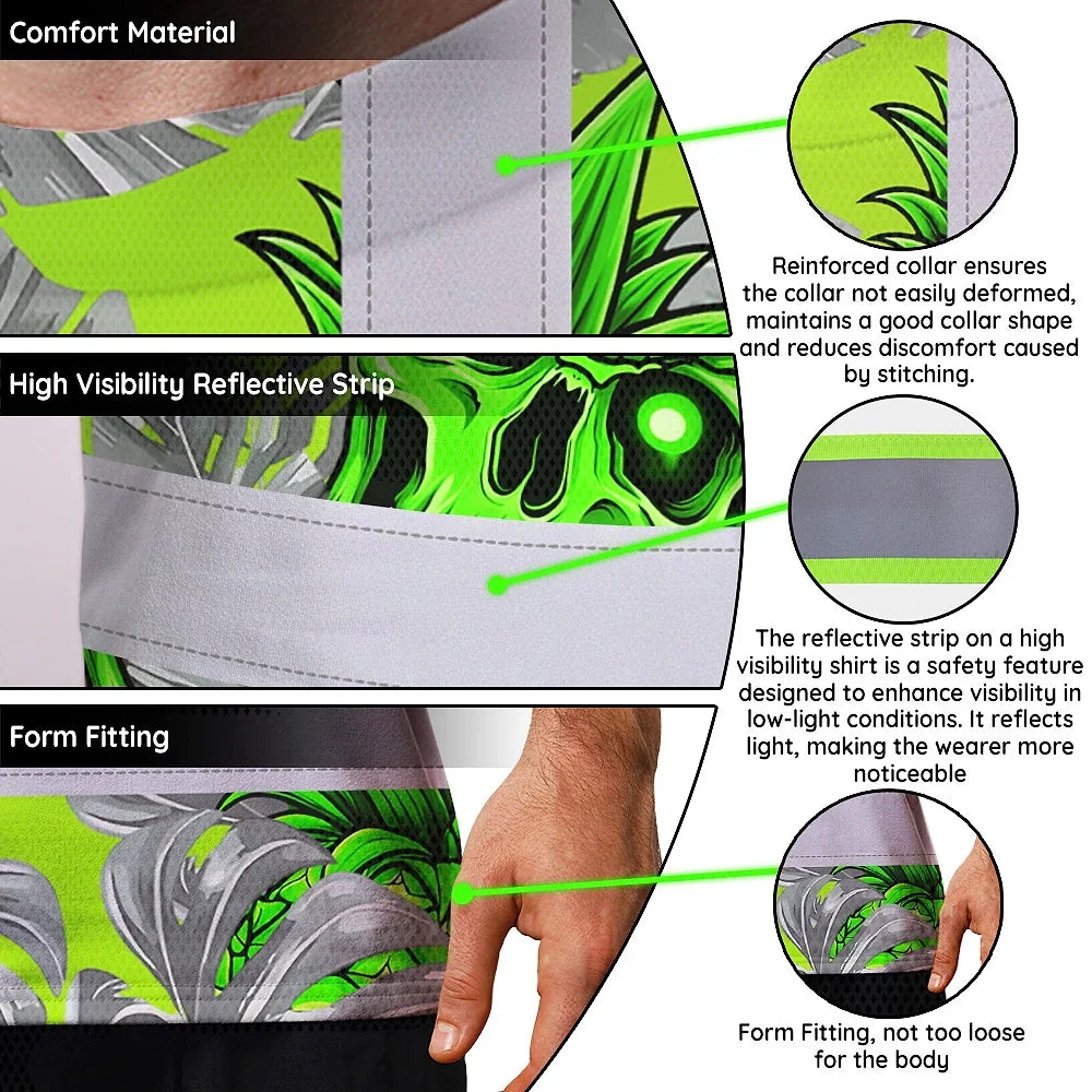 Hi Vis Shirt Reflective Tapes Green Neon Grey Skull Pineapple Custom Name Safety Workwear For Workers, Truckers, Operators