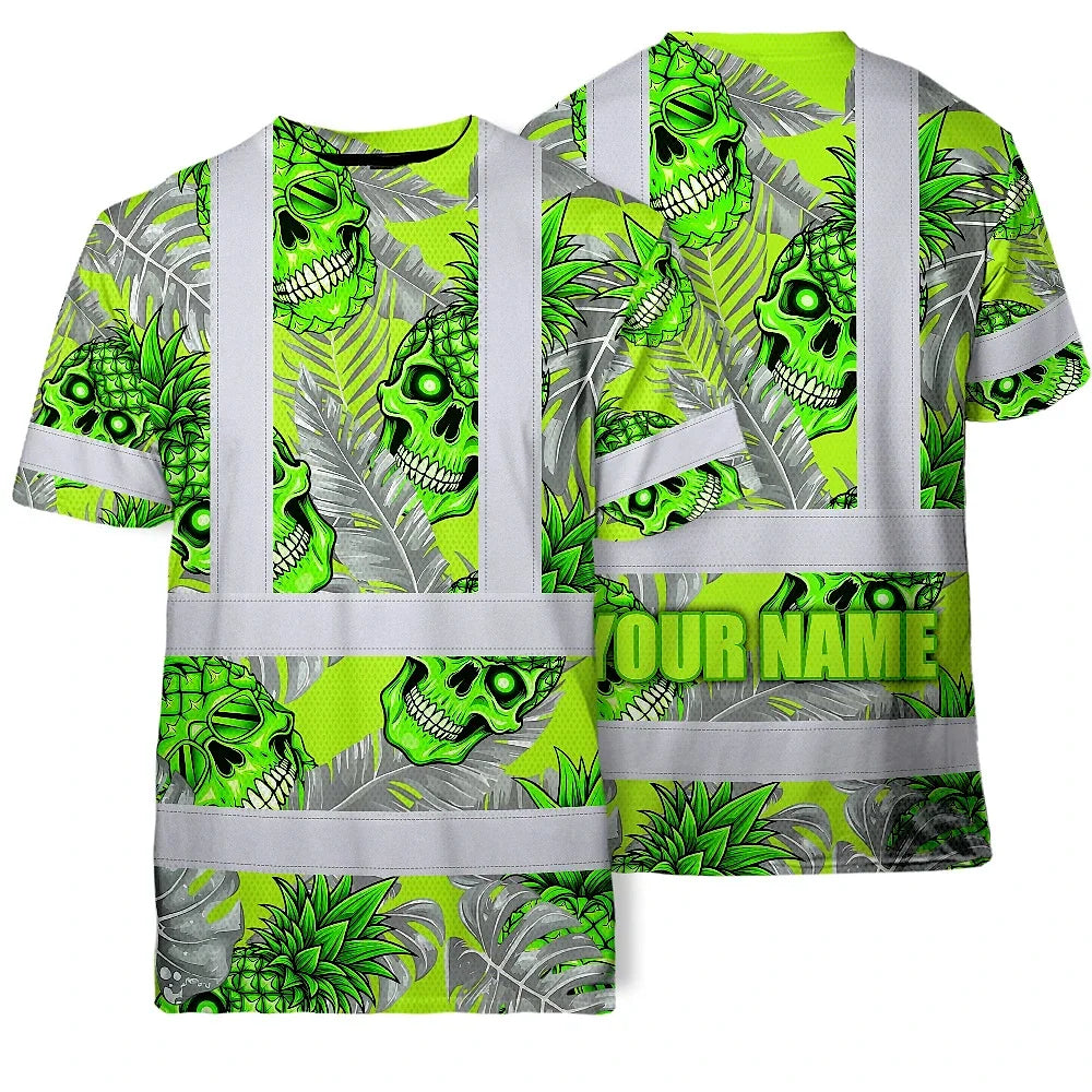 Hi Vis Shirt Reflective Tapes Green Neon Grey Skull Pineapple Custom Name Safety Workwear For Workers, Truckers, Operators
