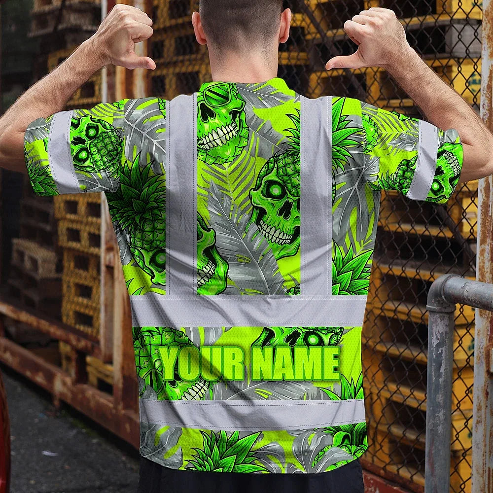 Hi Vis Shirt Reflective Tapes Green Neon Grey Skull Pineapple Custom Name Safety Workwear For Workers, Truckers, Operators