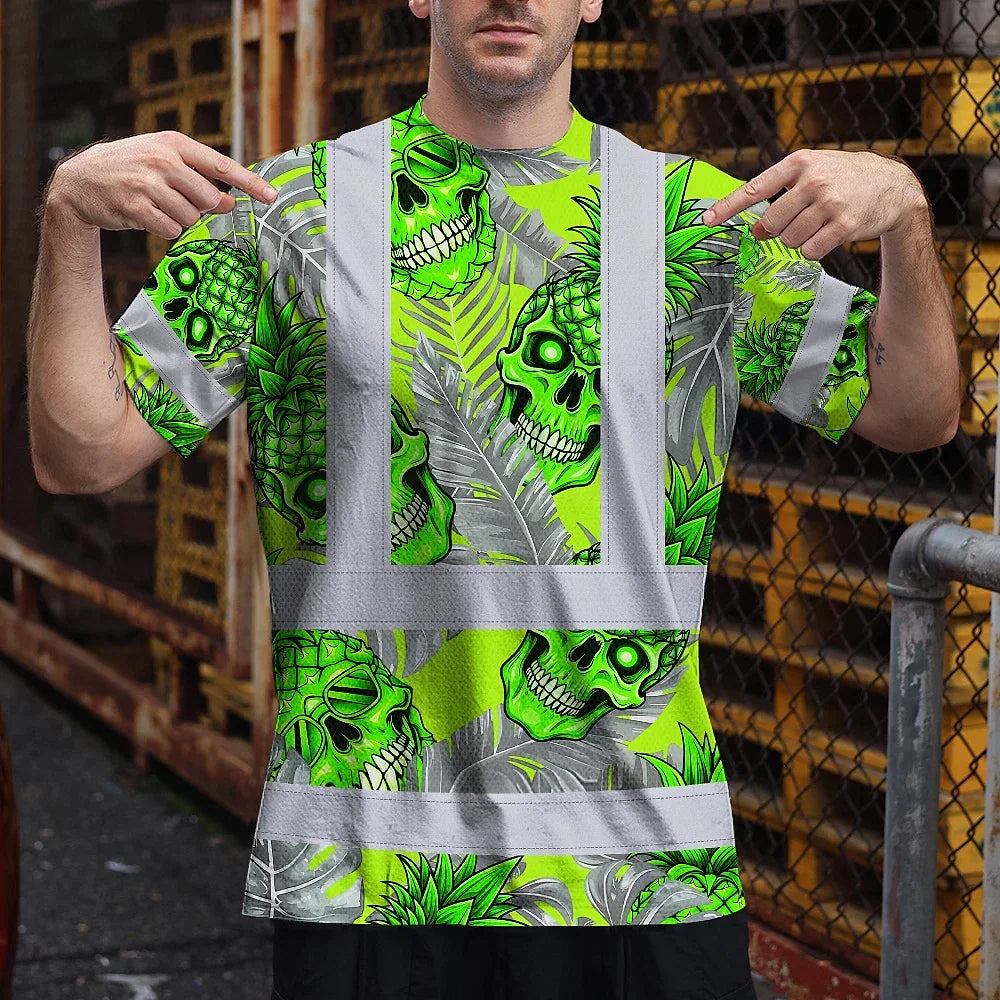 Hi Vis Shirt Reflective Tapes Green Neon Grey Skull Pineapple Custom Name Safety Workwear For Workers, Truckers, Operators