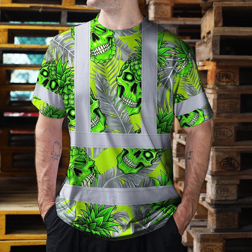 Hi Vis Shirt Reflective Tapes Green Neon Grey Skull Pineapple Custom Name Safety Workwear For Workers, Truckers, Operators