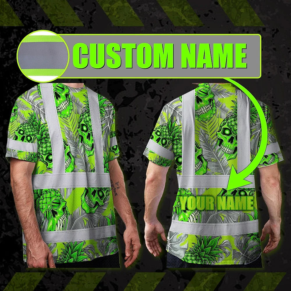 Hi Vis Shirt Reflective Tapes Green Neon Grey Skull Pineapple Custom Name Safety Workwear For Workers, Truckers, Operators
