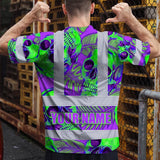 Hi Vis Shirt Reflective Tapes Green Neon Violet Skull Custom Name Safety Workwear For Workers, Truckers, Operators