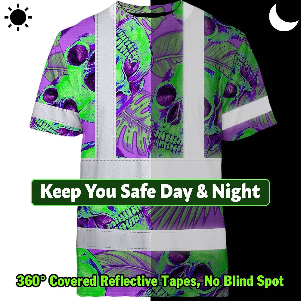 Hi Vis Shirt Reflective Tapes Green Neon Violet Skull Custom Name Safety Workwear For Workers, Truckers, Operators