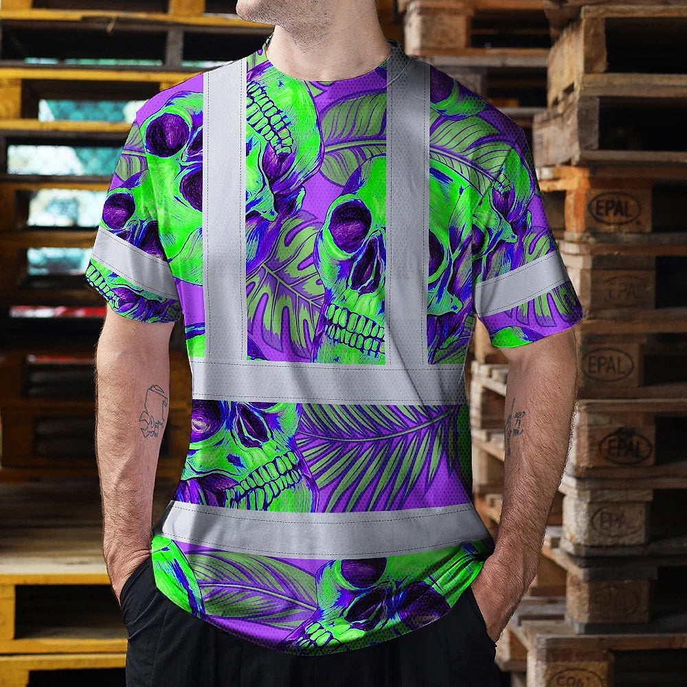 Hi Vis Shirt Reflective Tapes Green Neon Violet Skull Custom Name Safety Workwear For Workers, Truckers, Operators
