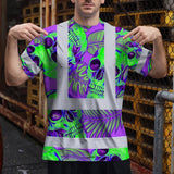 Hi Vis Shirt Reflective Tapes Green Neon Violet Skull Custom Name Safety Workwear For Workers, Truckers, Operators