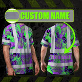 Hi Vis Shirt Reflective Tapes Green Neon Violet Skull Custom Name Safety Workwear For Workers, Truckers, Operators
