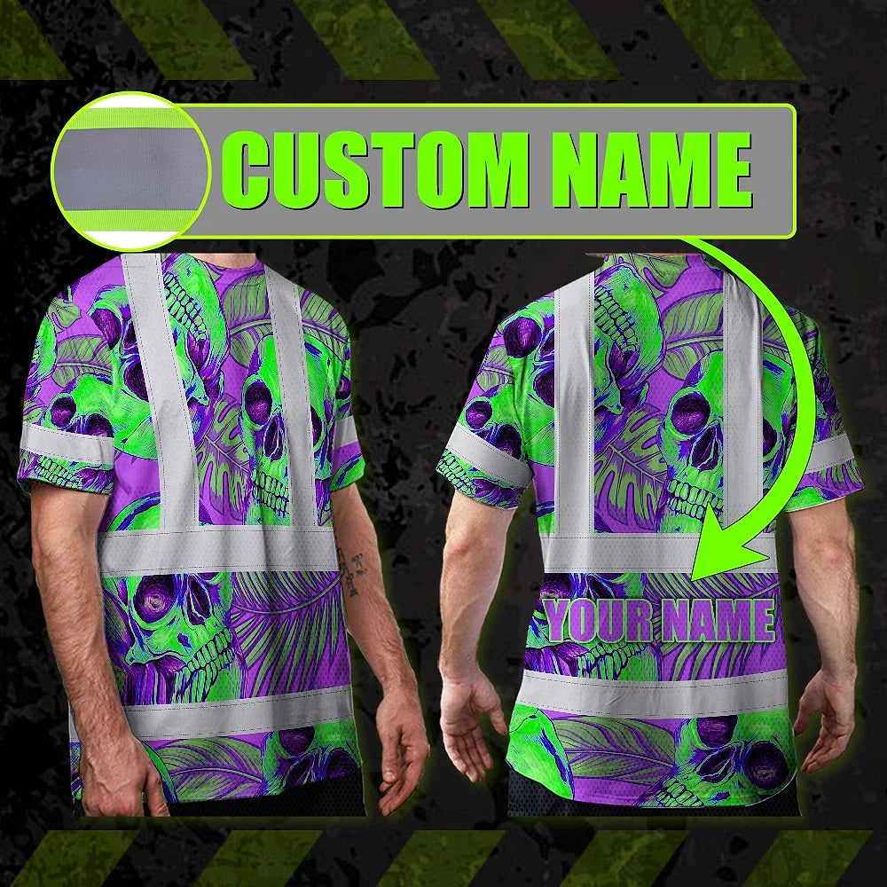 Hi Vis Shirt Reflective Tapes Green Neon Violet Skull Custom Name Safety Workwear For Workers, Truckers, Operators