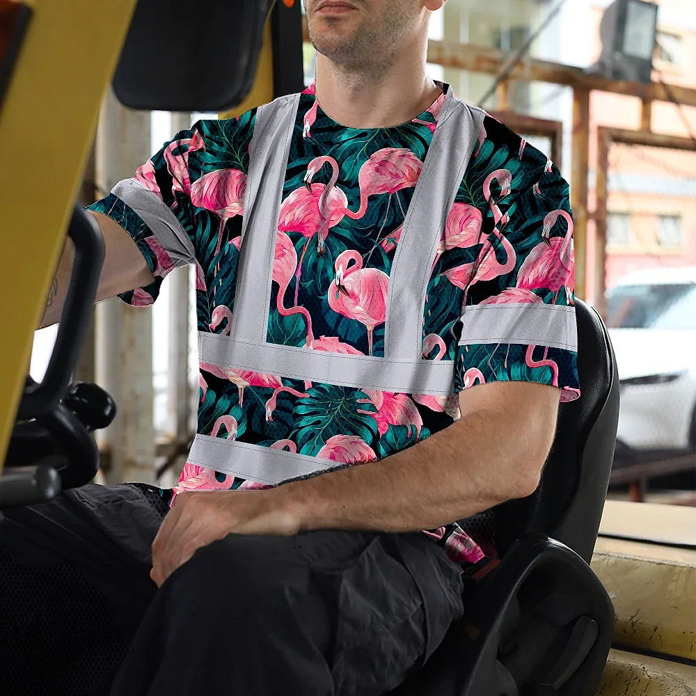 Hi Vis Shirt Reflective Tapes Hawaii Flamingo Custom Name Safety Workwear For Workers, Truckers, Operators