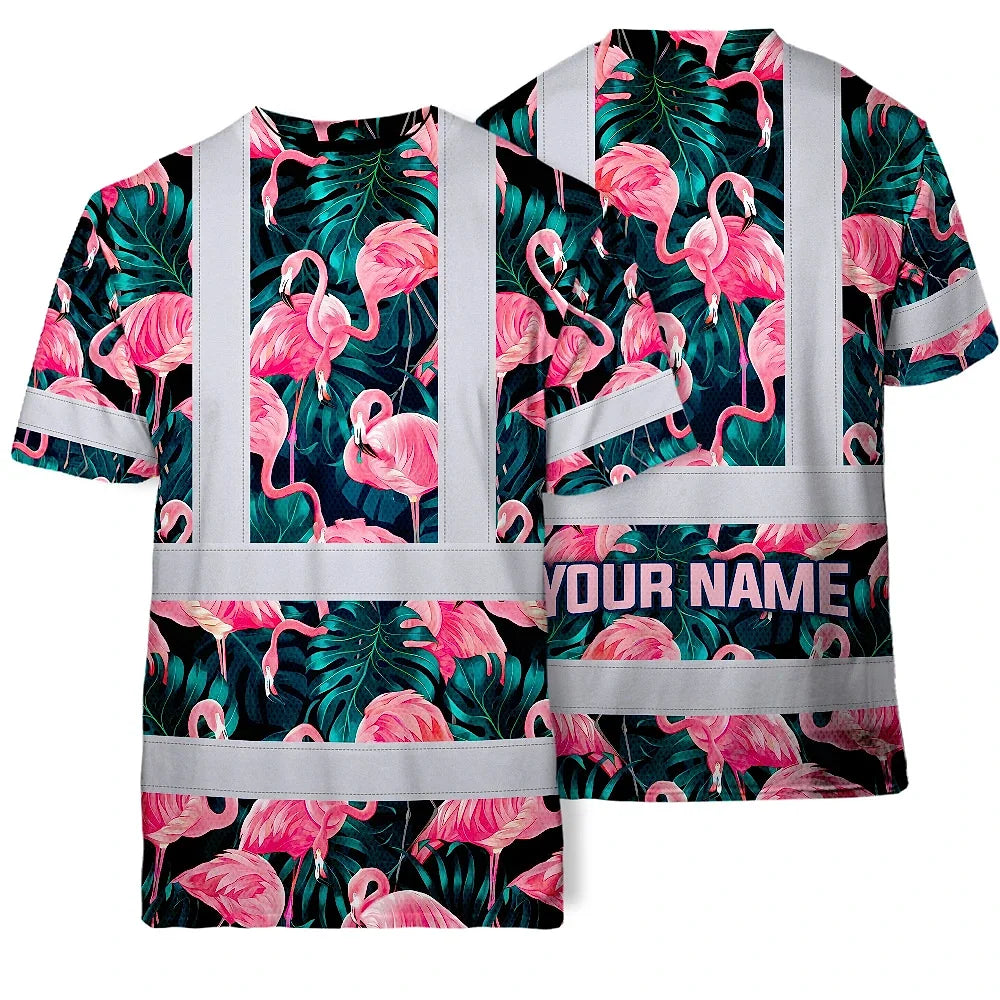 Hi Vis Shirt Reflective Tapes Hawaii Flamingo Custom Name Safety Workwear For Workers, Truckers, Operators
