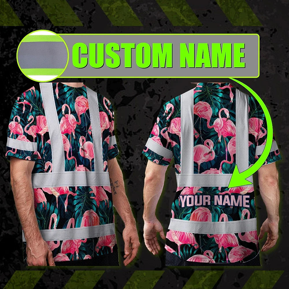 Hi Vis Shirt Reflective Tapes Hawaii Flamingo Custom Name Safety Workwear For Workers, Truckers, Operators