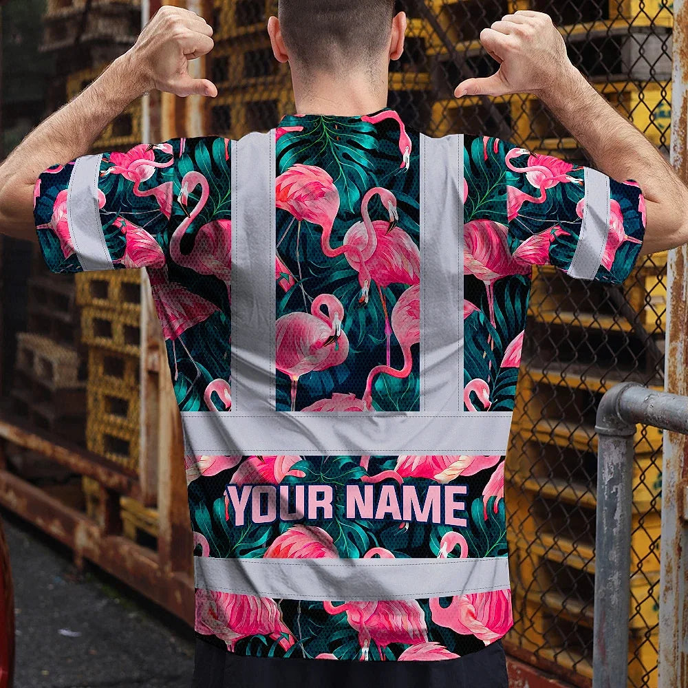 Hi Vis Shirt Reflective Tapes Hawaii Flamingo Custom Name Safety Workwear For Workers, Truckers, Operators