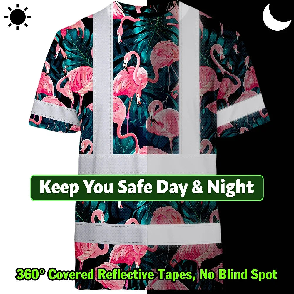 Hi Vis Shirt Reflective Tapes Hawaii Flamingo Custom Name Safety Workwear For Workers, Truckers, Operators