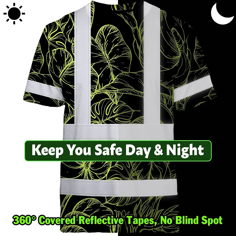 Hi Vis Shirt Reflective Tapes Lime Neon Flowers Custom Name Safety Workwear For Workers, Truckers, Operators