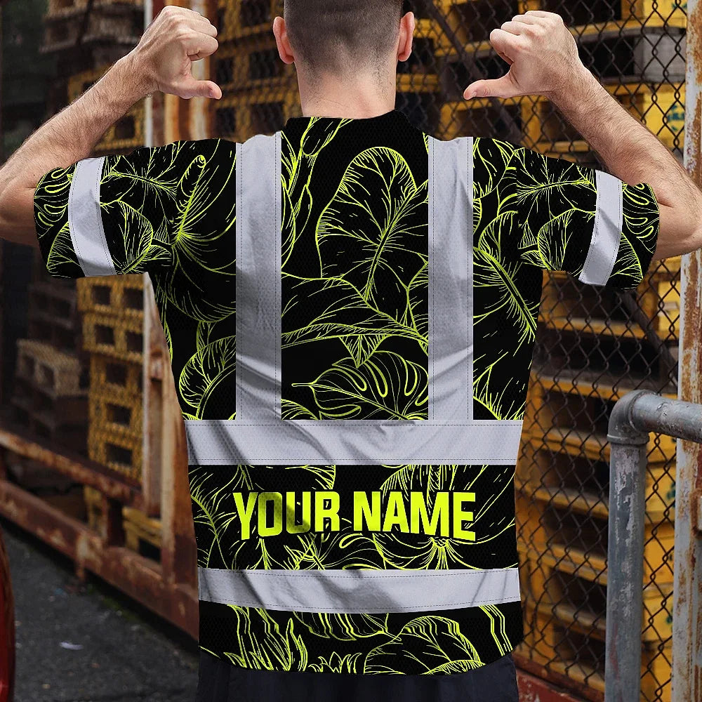 Hi Vis Shirt Reflective Tapes Lime Neon Flowers Custom Name Safety Workwear For Workers, Truckers, Operators