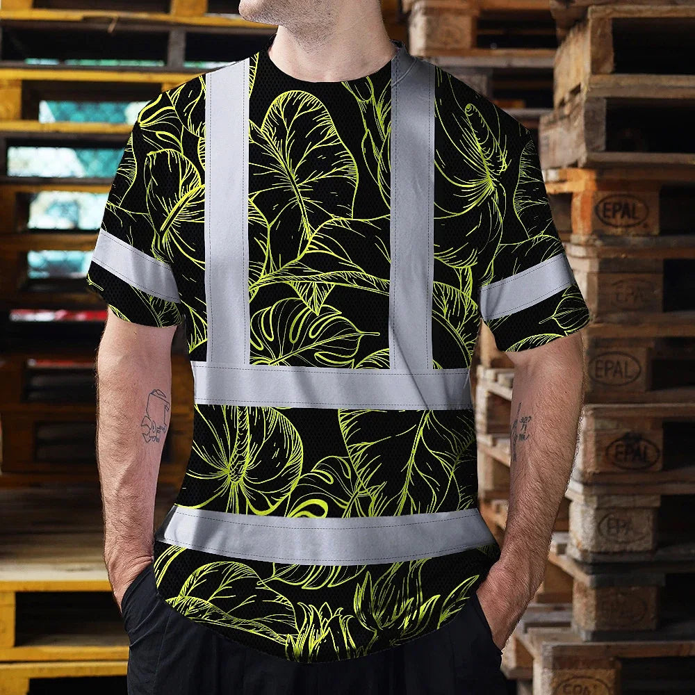 Hi Vis Shirt Reflective Tapes Lime Neon Flowers Custom Name Safety Workwear For Workers, Truckers, Operators