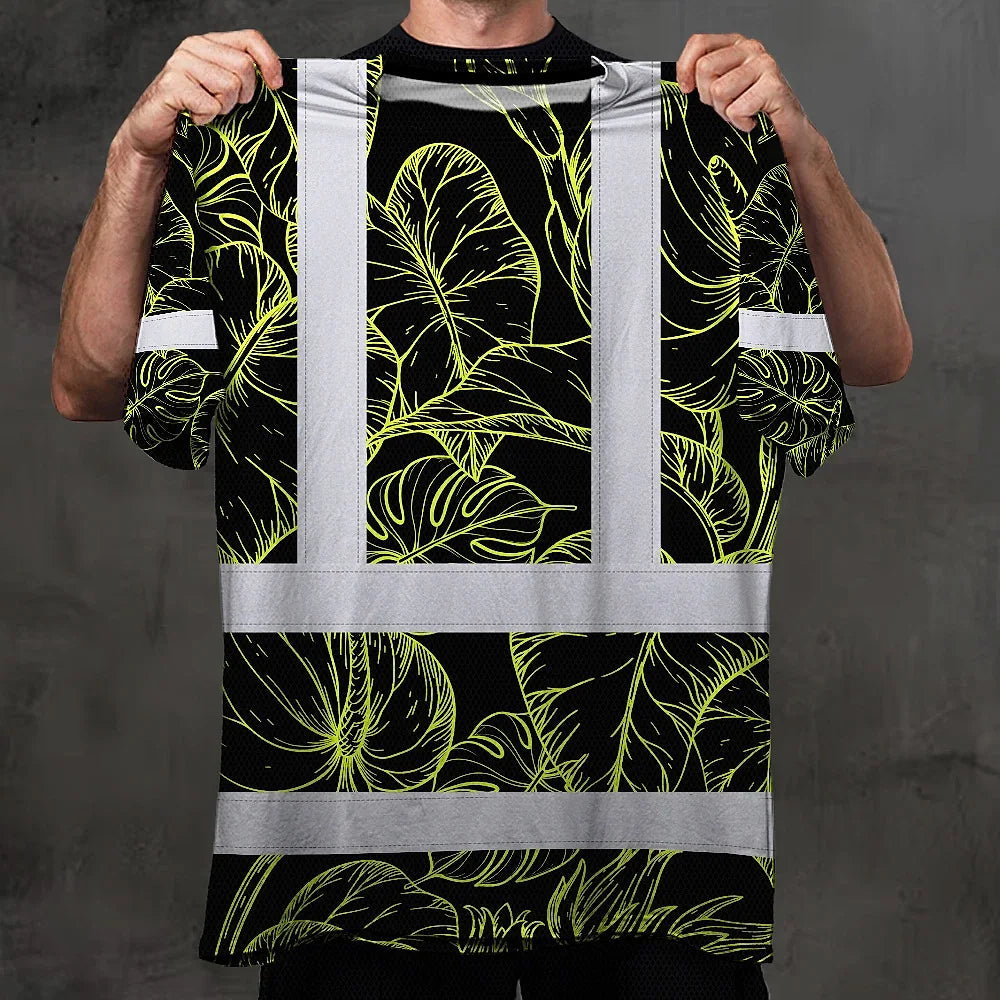 Hi Vis Shirt Reflective Tapes Lime Neon Flowers Custom Name Safety Workwear For Workers, Truckers, Operators