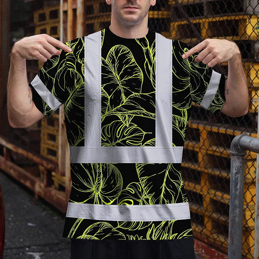 Hi Vis Shirt Reflective Tapes Lime Neon Flowers Custom Name Safety Workwear For Workers, Truckers, Operators