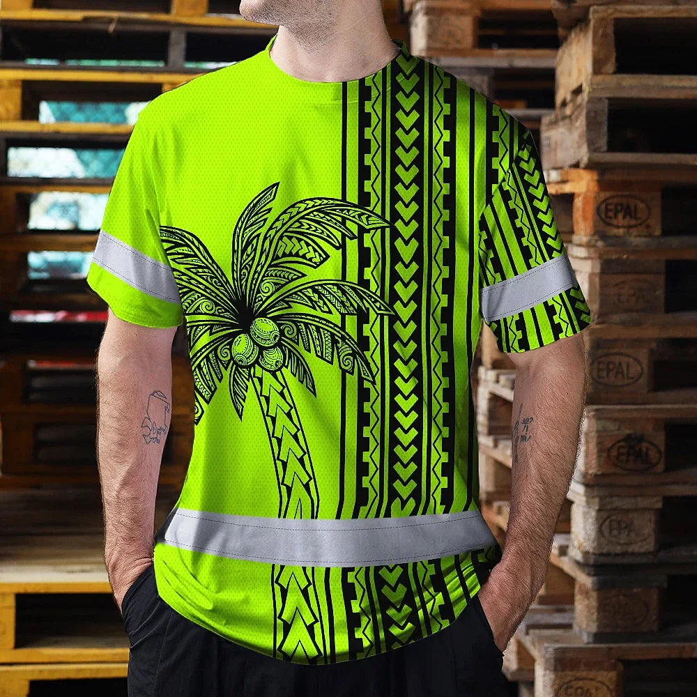 Hi Vis Shirt Reflective Tapes Lime Neon Polynesian And Tree Custom Name Safety Workwear For Workers, Truckers, Operators