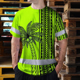 Hi Vis Shirt Reflective Tapes Lime Neon Polynesian And Tree Custom Name Safety Workwear For Workers, Truckers, Operators
