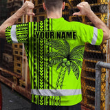 Hi Vis Shirt Reflective Tapes Lime Neon Polynesian And Tree Custom Name Safety Workwear For Workers, Truckers, Operators