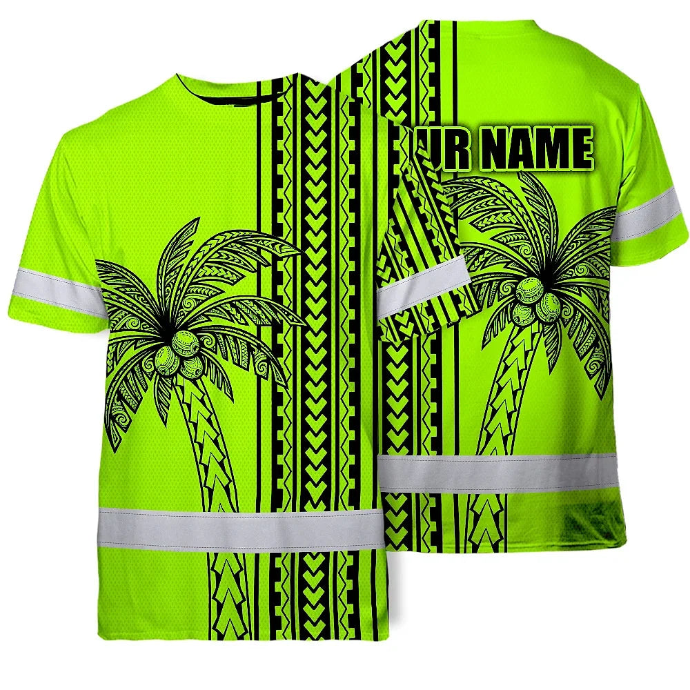 Hi Vis Shirt Reflective Tapes Lime Neon Polynesian And Tree Custom Name Safety Workwear For Workers, Truckers, Operators