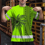 Hi Vis Shirt Reflective Tapes Lime Neon Polynesian And Tree Custom Name Safety Workwear For Workers, Truckers, Operators